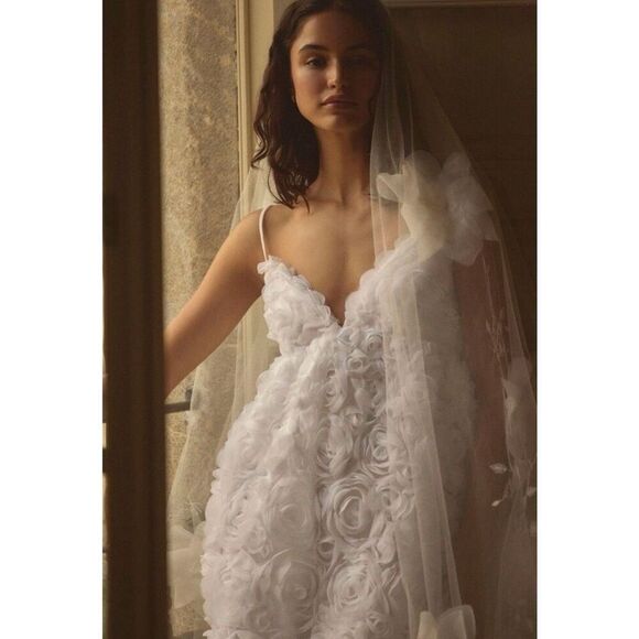 NEW BHLDN Anthropologie V Neck Tulle Rosette Mini Dress XS White Sleeveless Flor - Picture 4 of 13